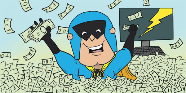 Cartoon illustration of DevMan bathing in wads of cash.