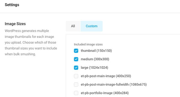 Smush image sizes settings