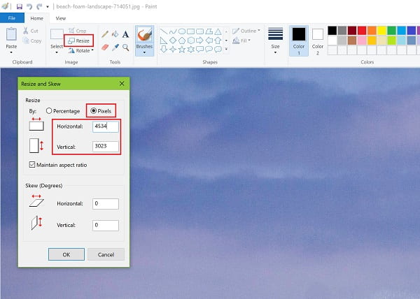 Screenshot of resizing image in Paint