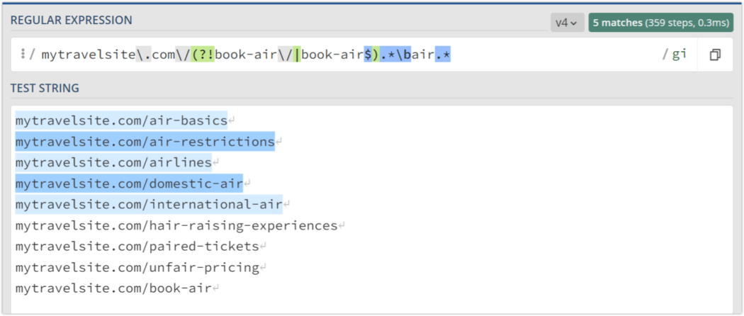 The expression/character strings I input on Regex 101.