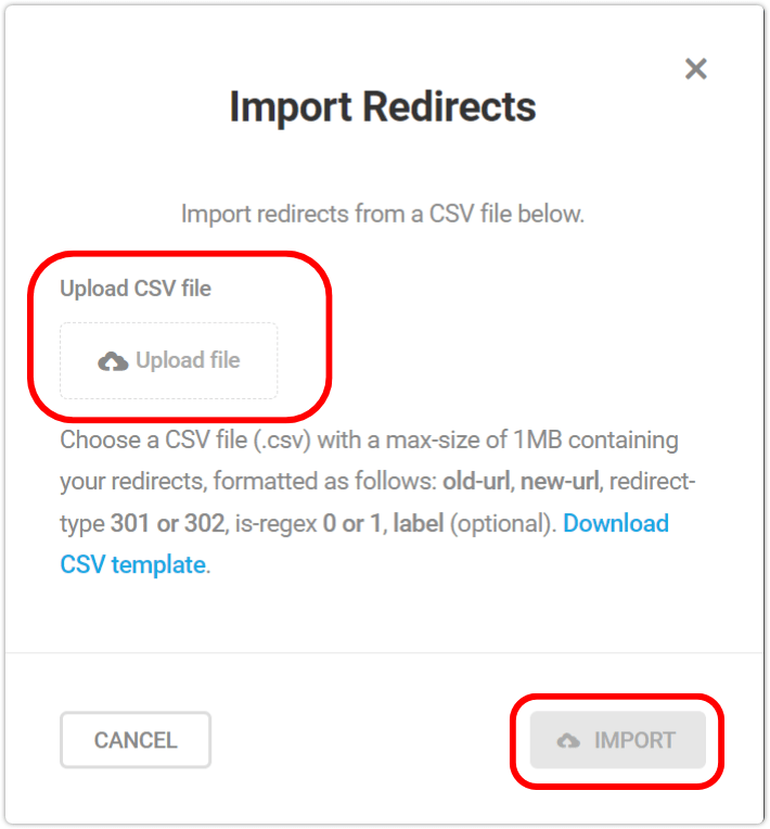 Uploading a CSV file with saved redirect info from your site.