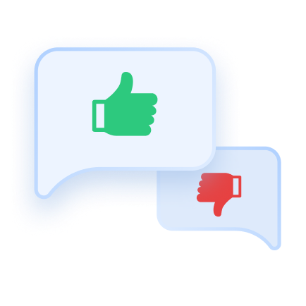 Two speech bubbles, one with a green thumbs up and the other with a red thumbs down.