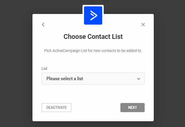 Choose contact list for ActiveCampaign integration