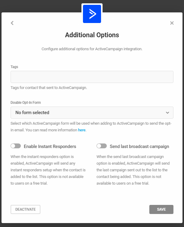 Additional options for ActiveCampaign integration