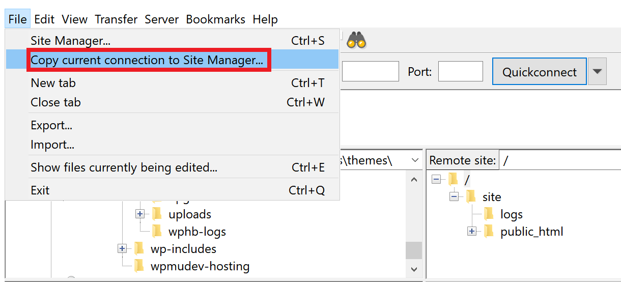 add current connection filezilla
