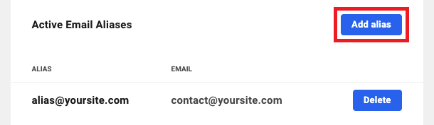 Allows the user to configure a new email alias for a site.
