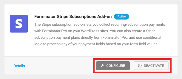add-ons configure deactivate buttons