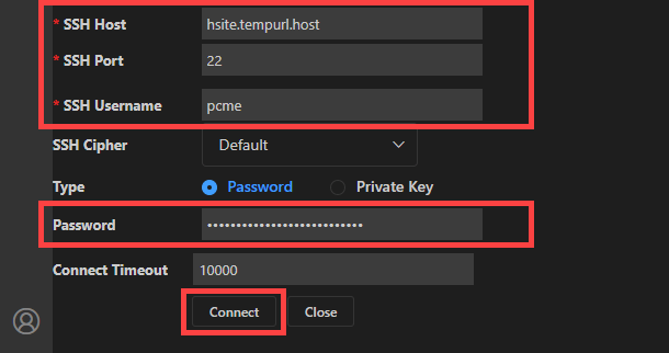 Adding the SSH details and connecting