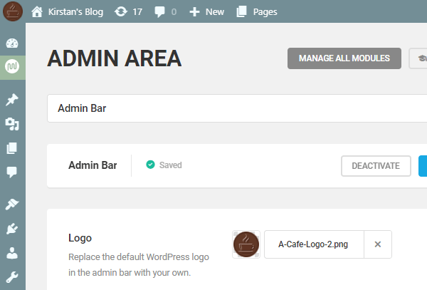Screenshot of the admin area with a custom logo of a coffee cup