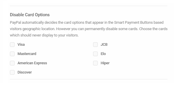 Disable selected credit cards in Forminator PayPal field