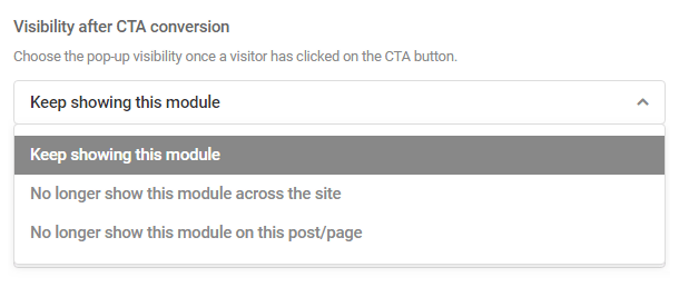 Options for module visibility after CTA click in Hustle module
