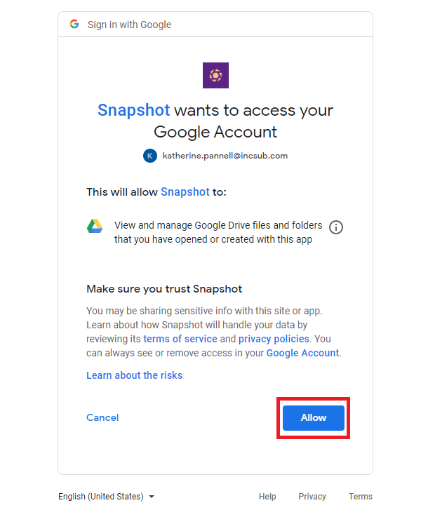 allow snapshot access to google drive