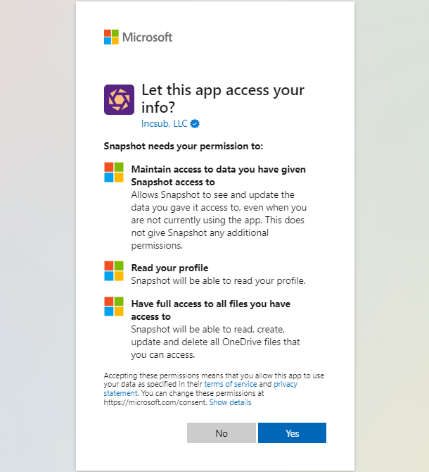 Authorize Snapshot to access your OneDrive account
