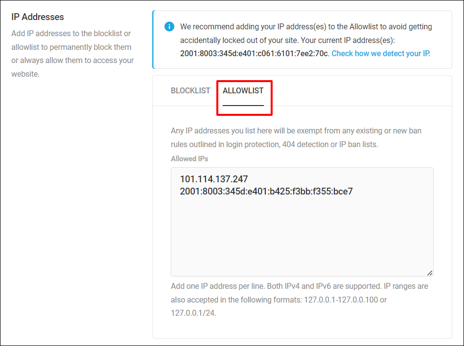 Defender - IP Addresses - Allowlist.