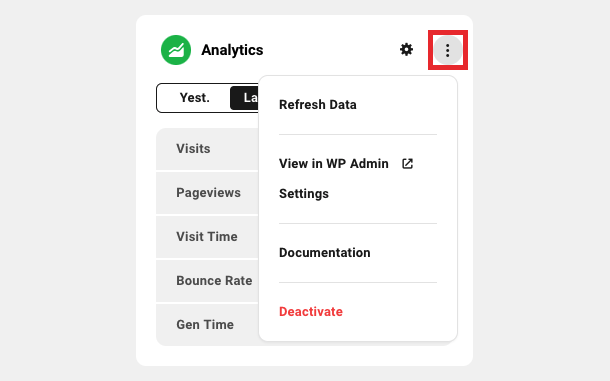 Analytics module settings dropdown menu