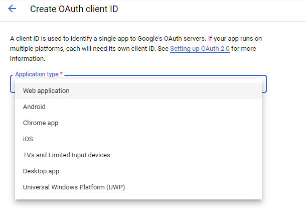 application type for 0Auth client ID