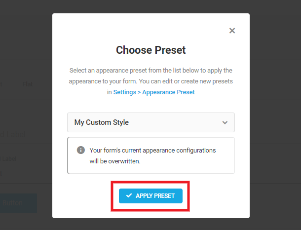 Clicking the Apply Preset button