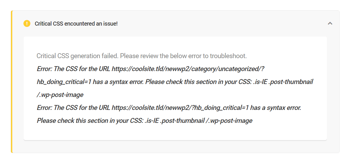 Critical CSS error message in Hummingbird Asset Optimization