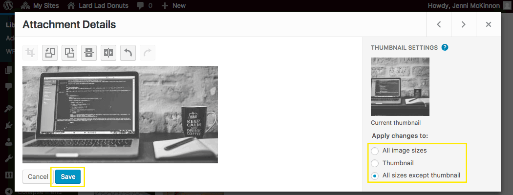 The attachment details screen. The Save button and Thumbnail Settings are highlighted.