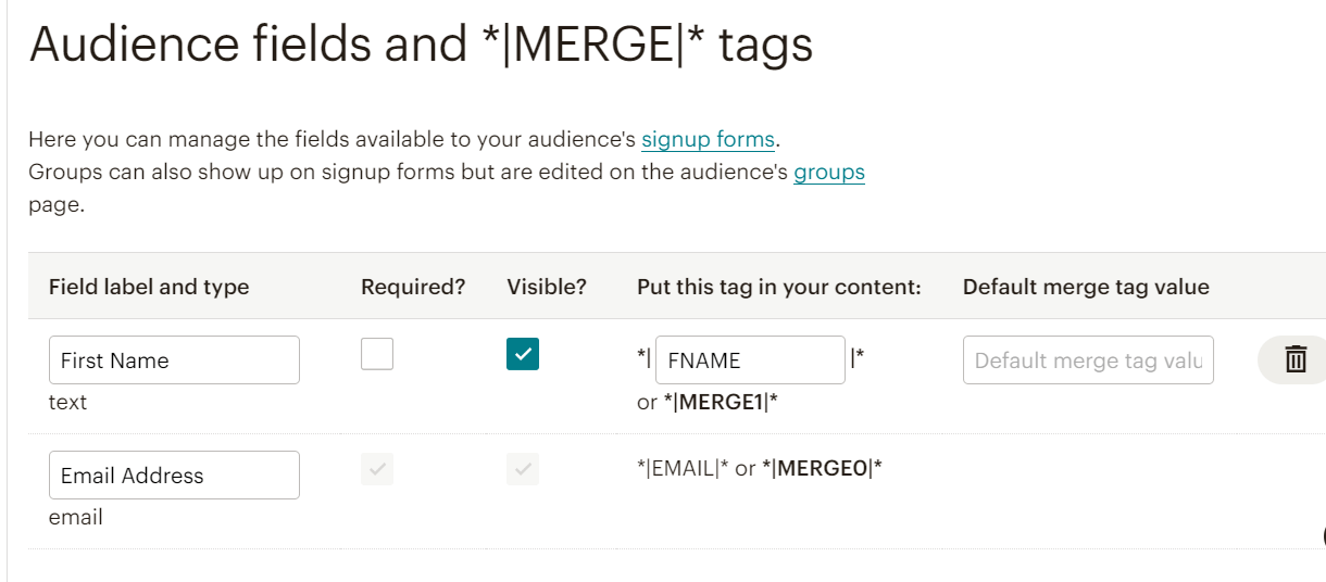 audience fields merge tags settings