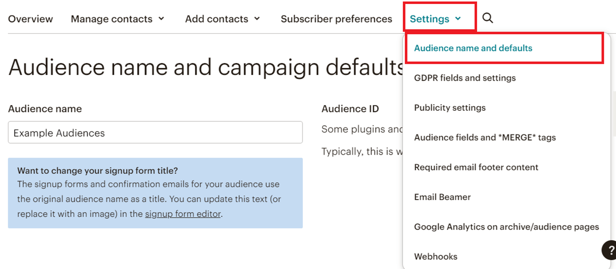 audience name defaults option