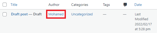 Author username on the Posts screen