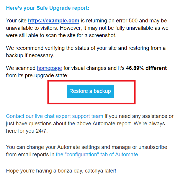 Automate restore button in safe upgrade email