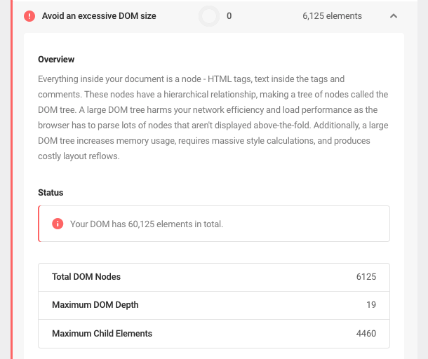 avoid an excessive DOM size audit