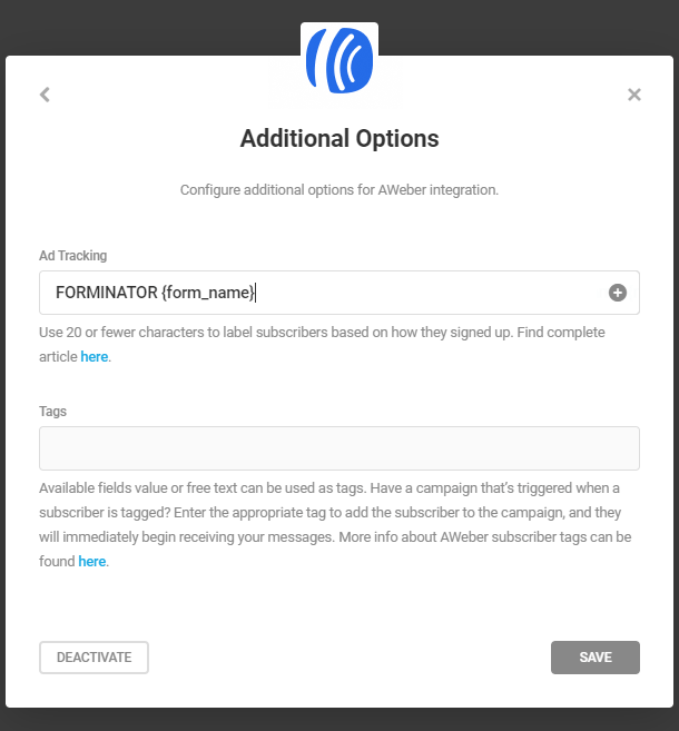 Additional options for Aweber integration