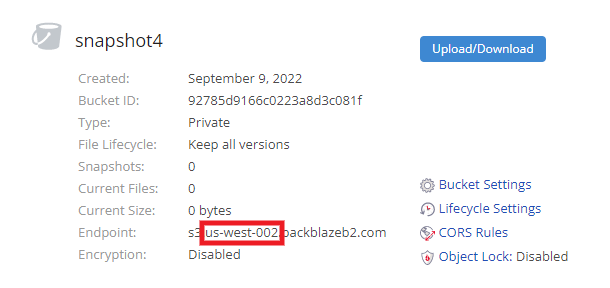 Backblaze bucket endpoint for Snapshot destination