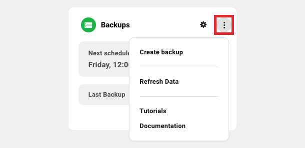 Backups module settings dropdown menu