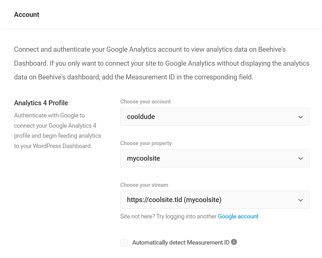 Select your Google Analytics account, profile and stream