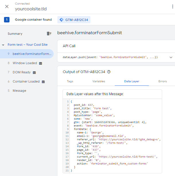 Data sent to GTM from a Forminator form submission