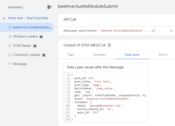 Data sent to GTM from a Hustle optin submission