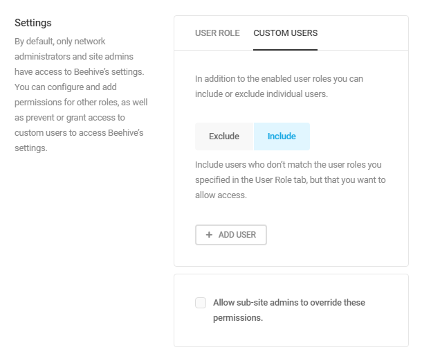 beehive permissions custom users