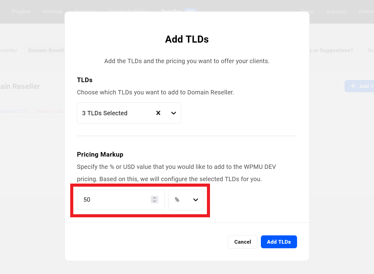 Add pricing markup to TLDs in the Hub