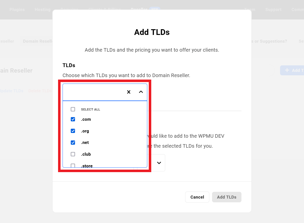Select the TLDs you wish to sell in the Hub