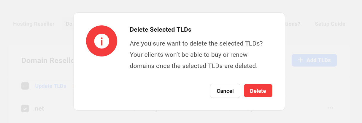 Confirm deletion of TLDs added in the Hub