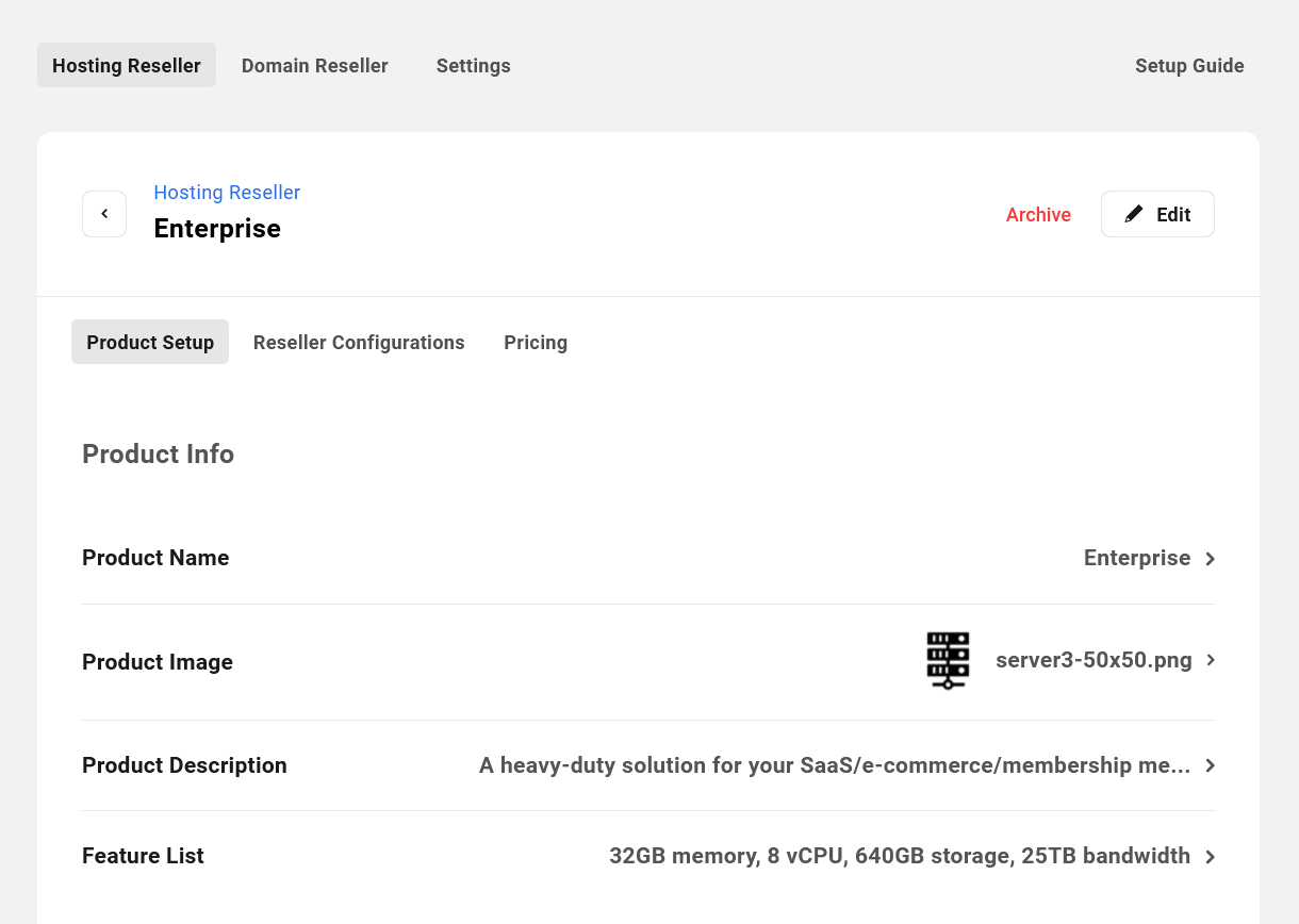 Hosting reseller product details in the Hub