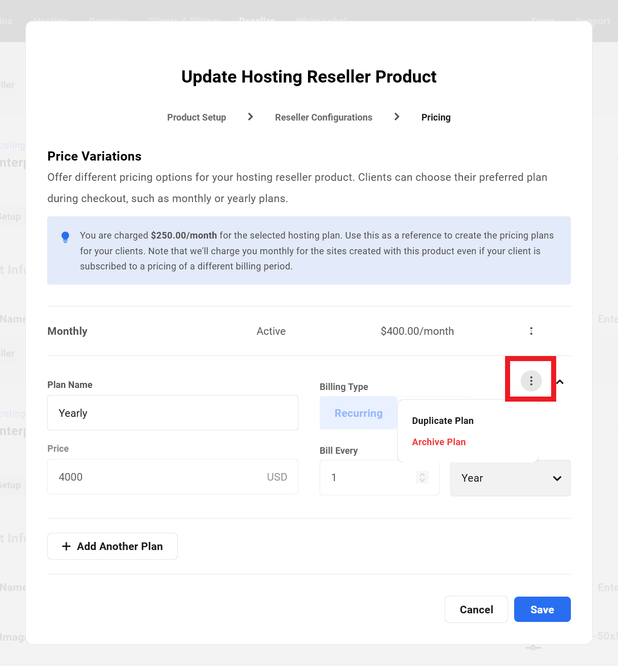 Edit a reseller pricing plan in the Hub