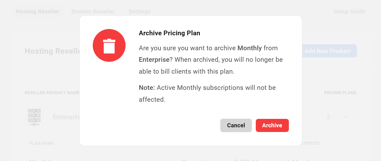 Archive a hosting reseller product in the Hub