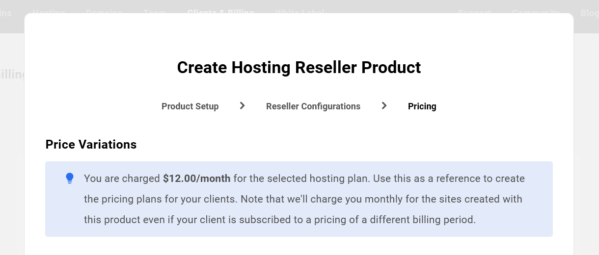 Create pricing plans for a hosting reseller product in the Hub