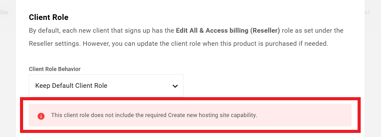 Selected client role is missing a required capability notice