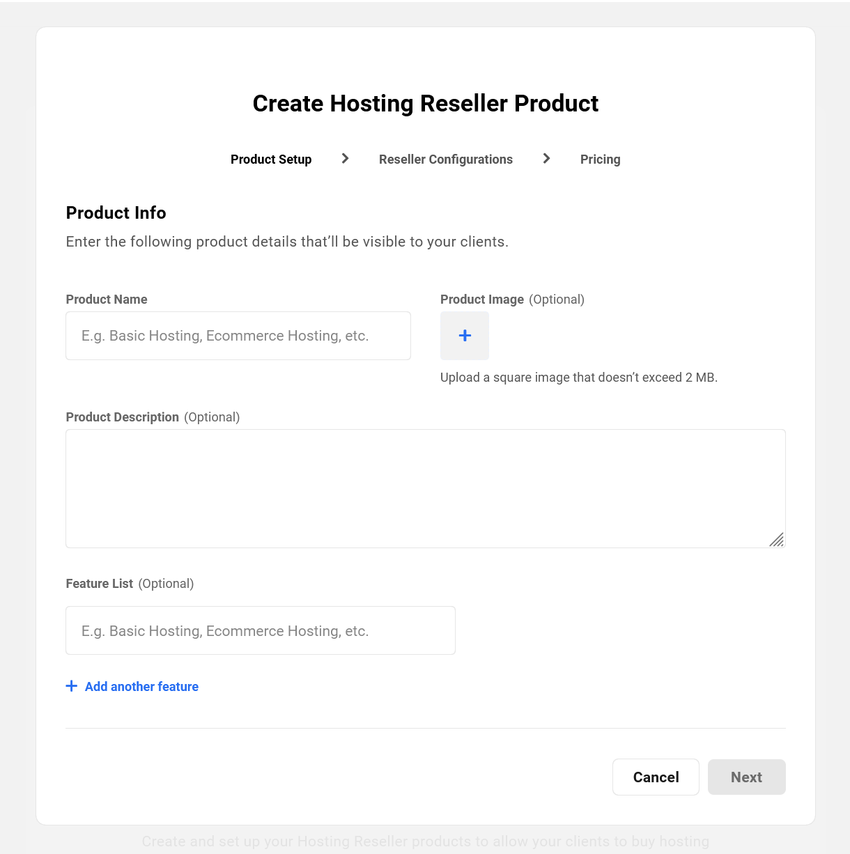 Product setup when creating a hosting reseller product in the Hub