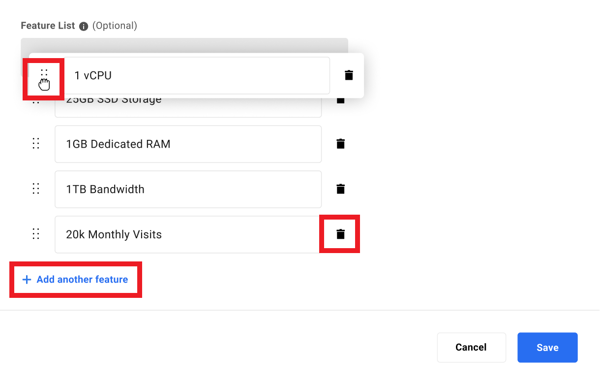 List features of a hosting reseller product in the Hub