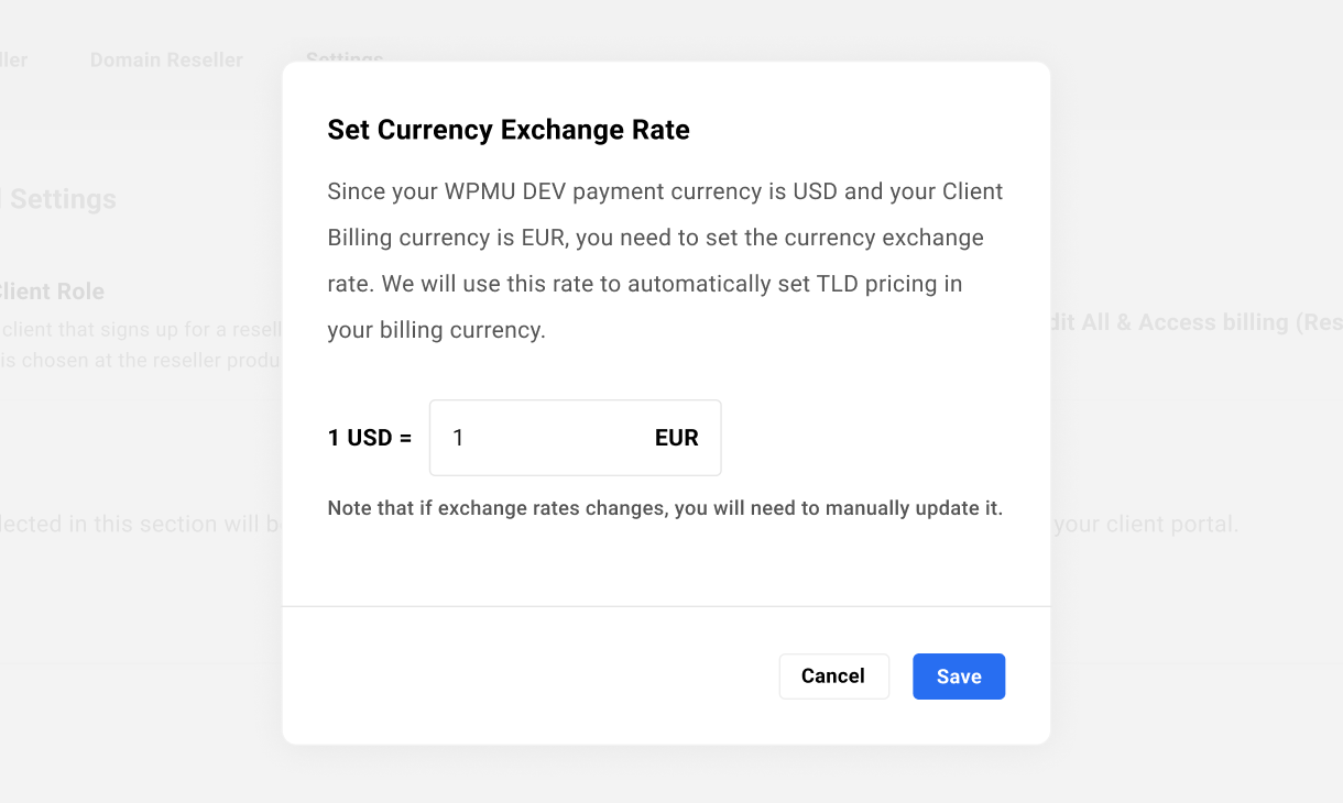 Set the currency exchange rate for TLDs in the Hub