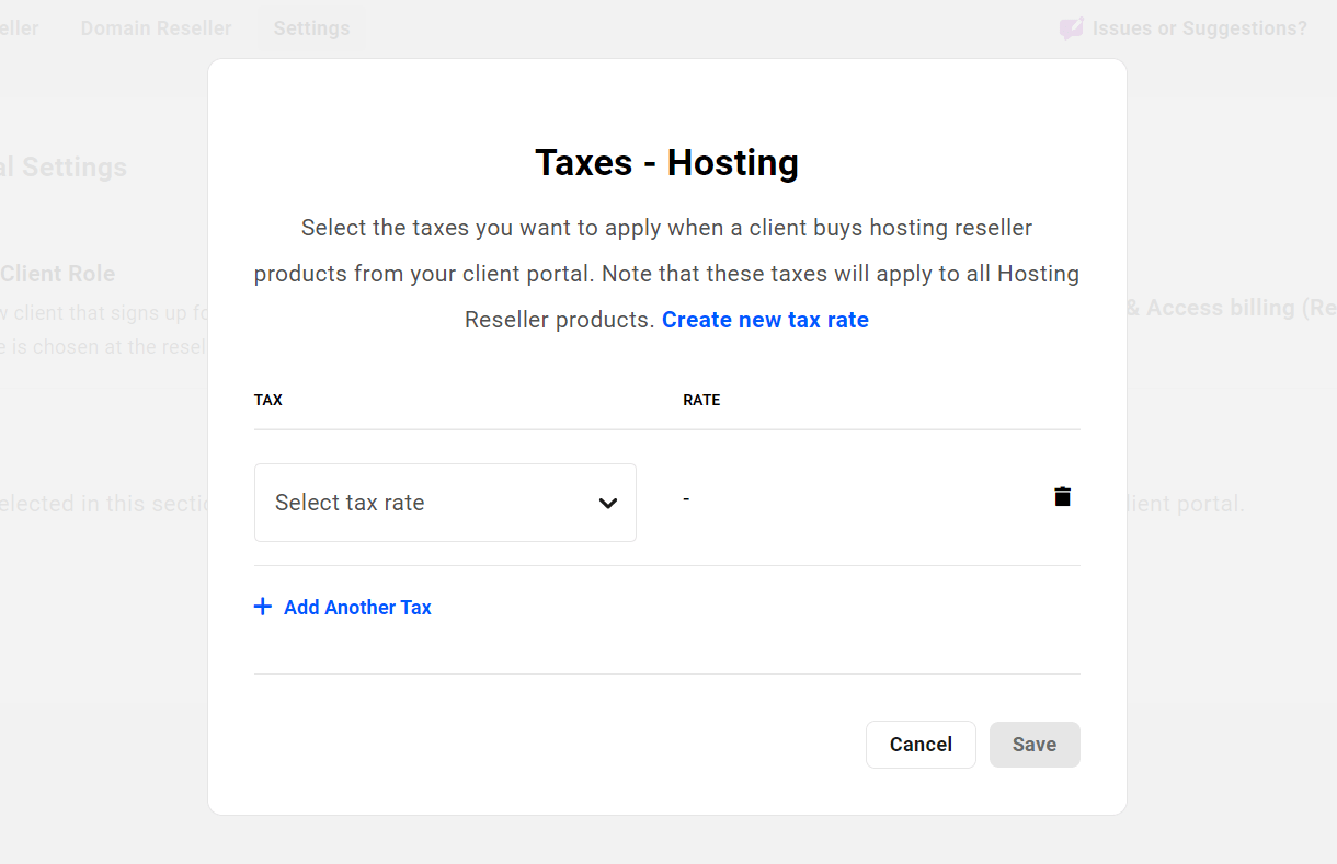 Select taxes for hosting reseller products