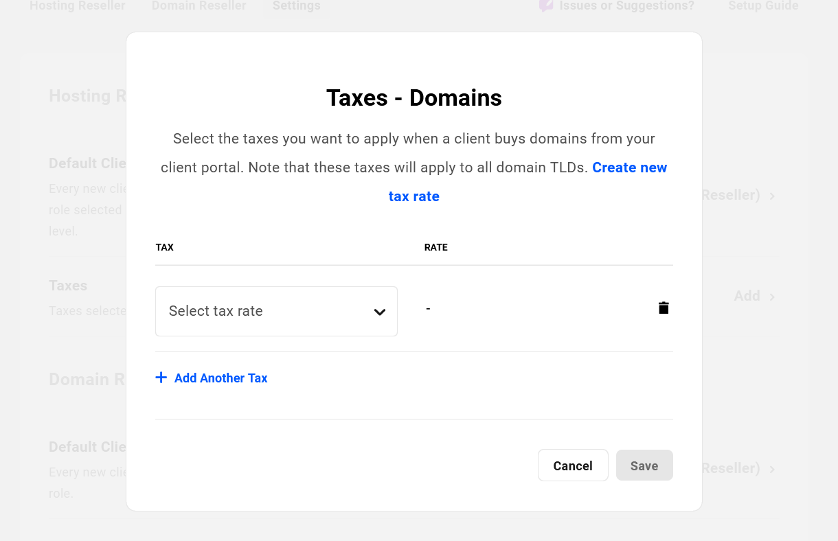 Select taxes for domain reseller products