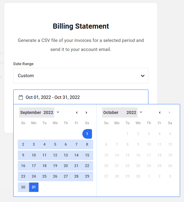 Billing statement custom date range selection