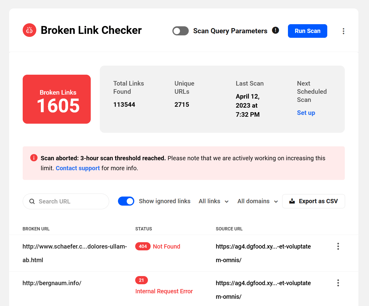 Broken Link Checker notice when the scan times out